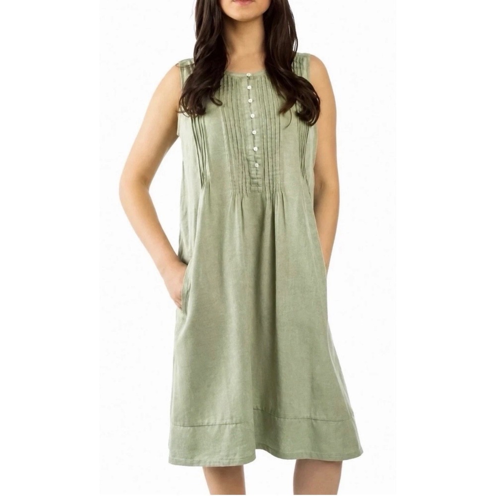 Coldwater Creek Green Tencel Lyocell Pintuck Sleeveless Shift Dress Pockets •S•
